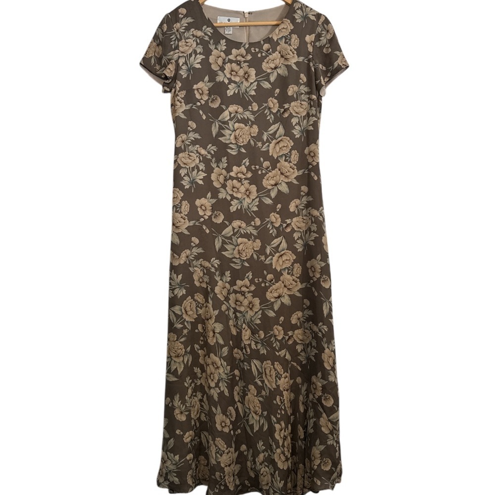 Saks Fifth Ave 100% Silk Brown Floral Maxi Sundress Short Sleeve Crew Neck Sz 6